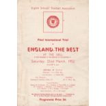 SCHOOLS TRIAL - SOUTHAMPTON Four page programme, England Schools v The Rest 22/3/52 at