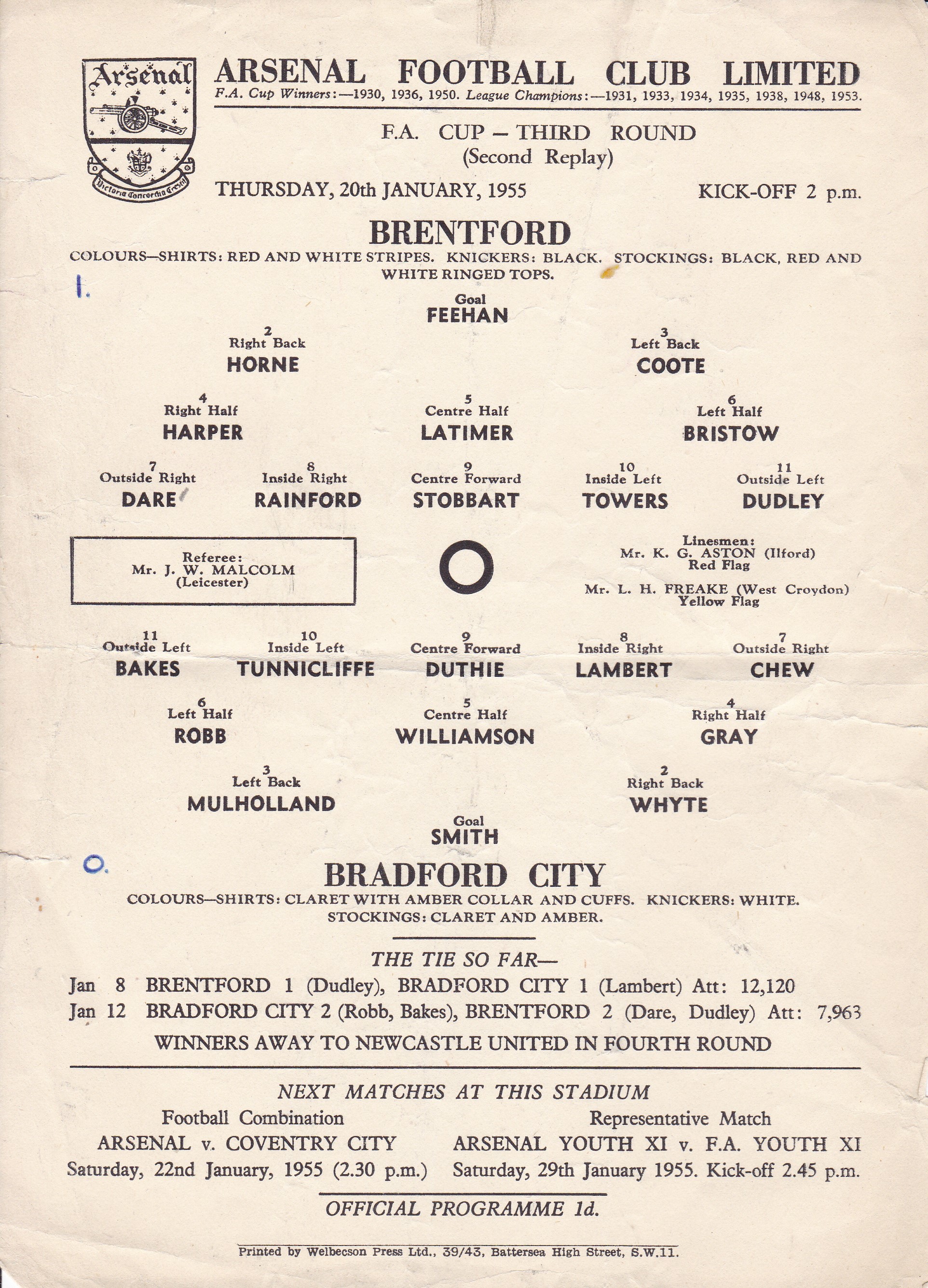 BRENTFORD - BRADFORD CITY AT ARSENAL 55 Arsenal single sheet programme, Brentford v Bradford City,
