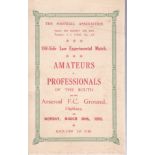 ARSENAL A player / officials card for the Amateurs v Professionals match played at Highbury on 30