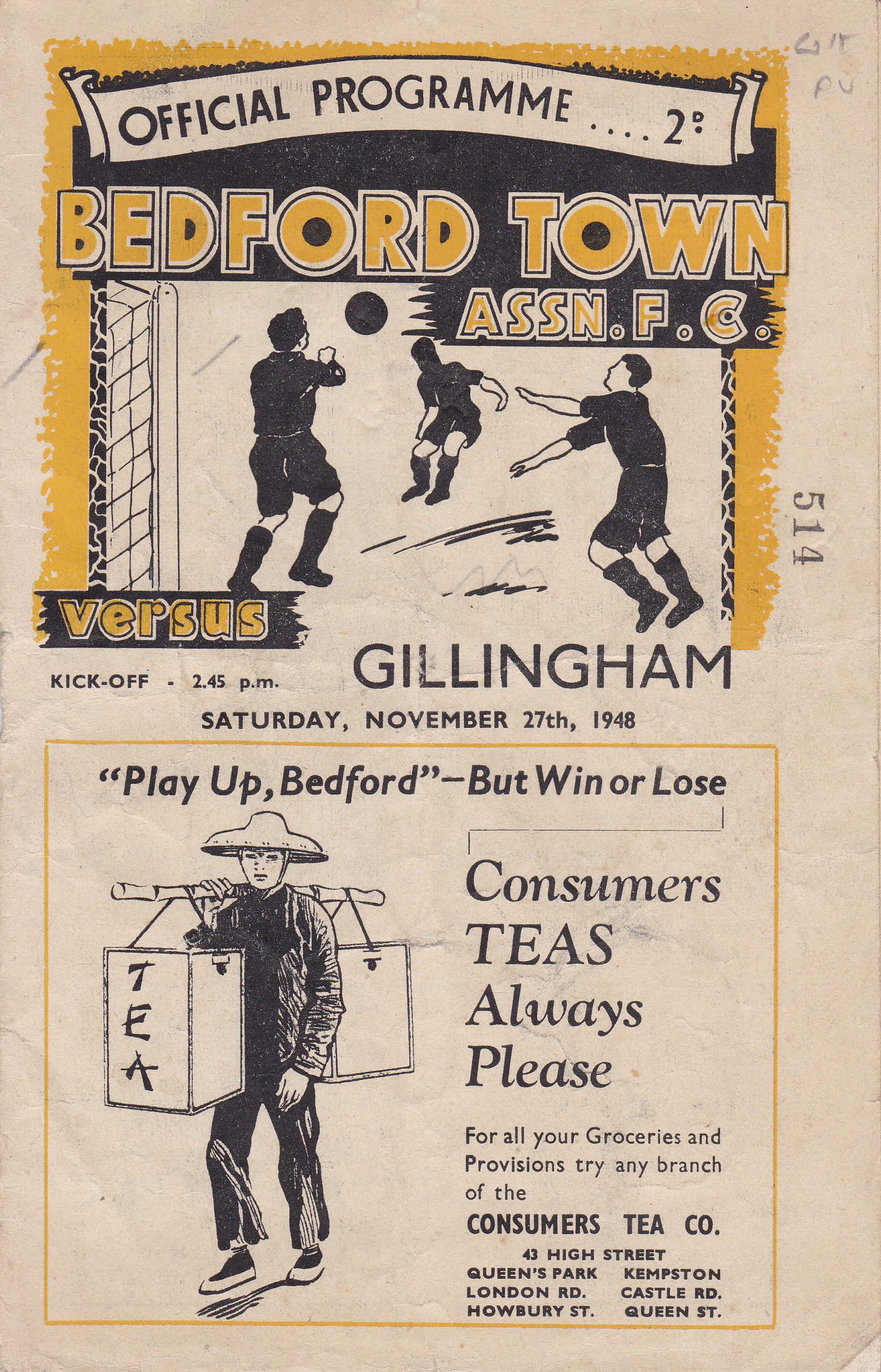 BEDFORD - GILLINGHAM 48 Bedford home programme v Gillingham, 27/11/48, slight creasing, staple - Image 3 of 3