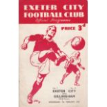 EXETER -GILLINGHAM 50-51 Scarce Exeter home programme for midweek game v Gillingham, 7/2/51, score