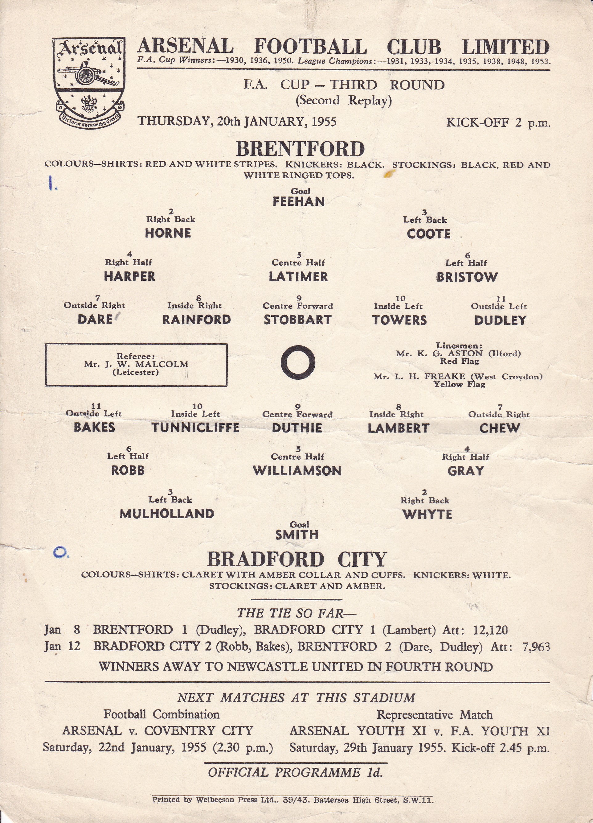 BRENTFORD - BRADFORD CITY AT ARSENAL 55 Arsenal single sheet programme, Brentford v Bradford City, - Image 3 of 3