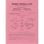 ARSENAL Official single sheet programme for the away Friendly match v. Hendon in the Will Mather Cup