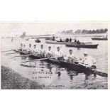 CAMBRIDGE ROWING TEAM Postcard with a black & white photo of the Cambridge team in their boat v.