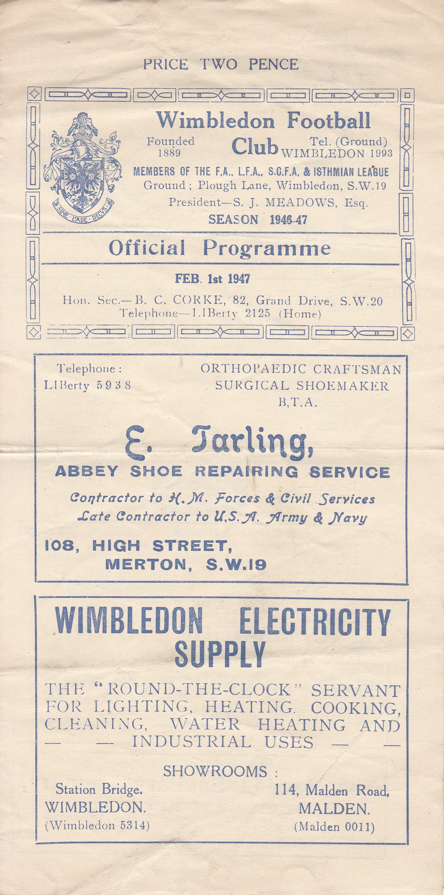 WIMBLEDON 1947 Four page programme for the home FA Amateur Cup match v. Cambridge Town 1/2/1947. - Image 2 of 3