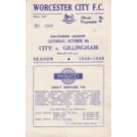 WORCESTER - GILLINGHAM 48 Worcester City home programme v Gillingham, 9/10/48, tears and a little