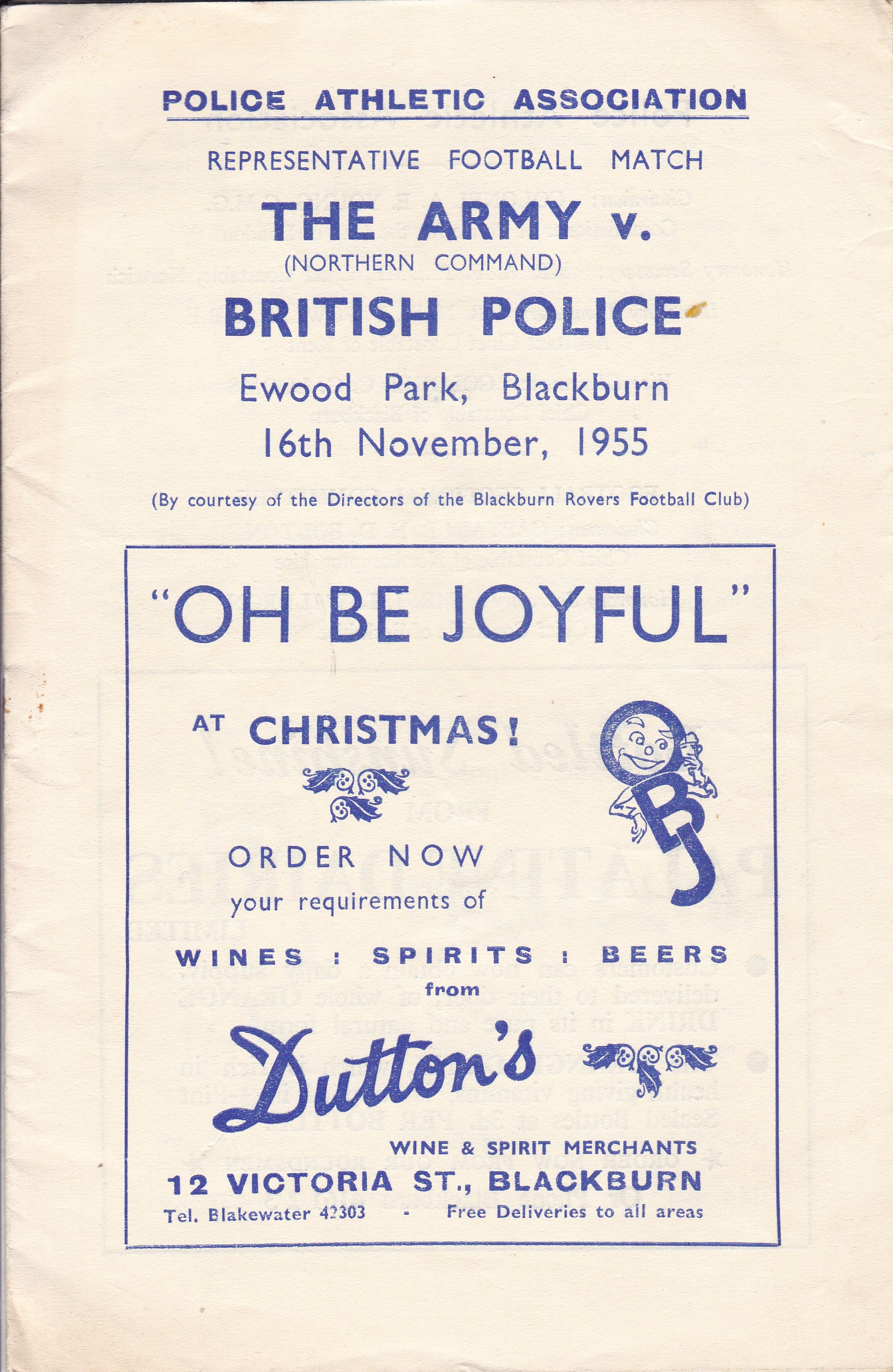 BLACKBURN The Army v British Police at Blackburn, programme dated 16 Nov 1955. Score, scorers,