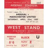 TICKET ARSENAL - MAN UTD 1955 Match ticket Arsenal v Manchester United, 23/4/55, West Stand reserved