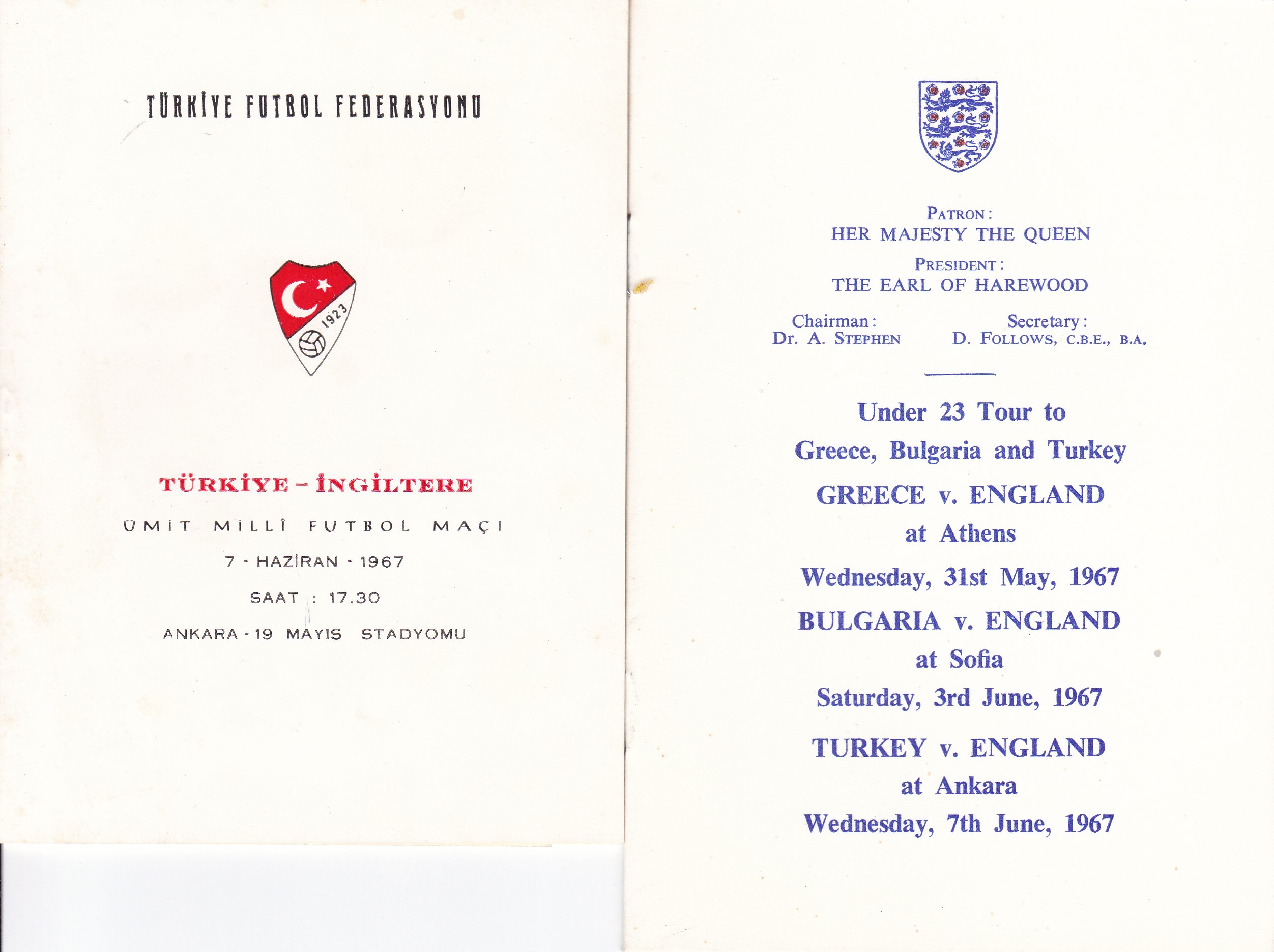 UNDER 23 ITINERARY 1967 Two Itineraries/programme of arrangements covering the England Under 23s