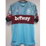 MATCH WORN SHIRT / CHEIKHOU KOUYATE / WEST HAM UTD. Light blue with claret band short sleeve shirt