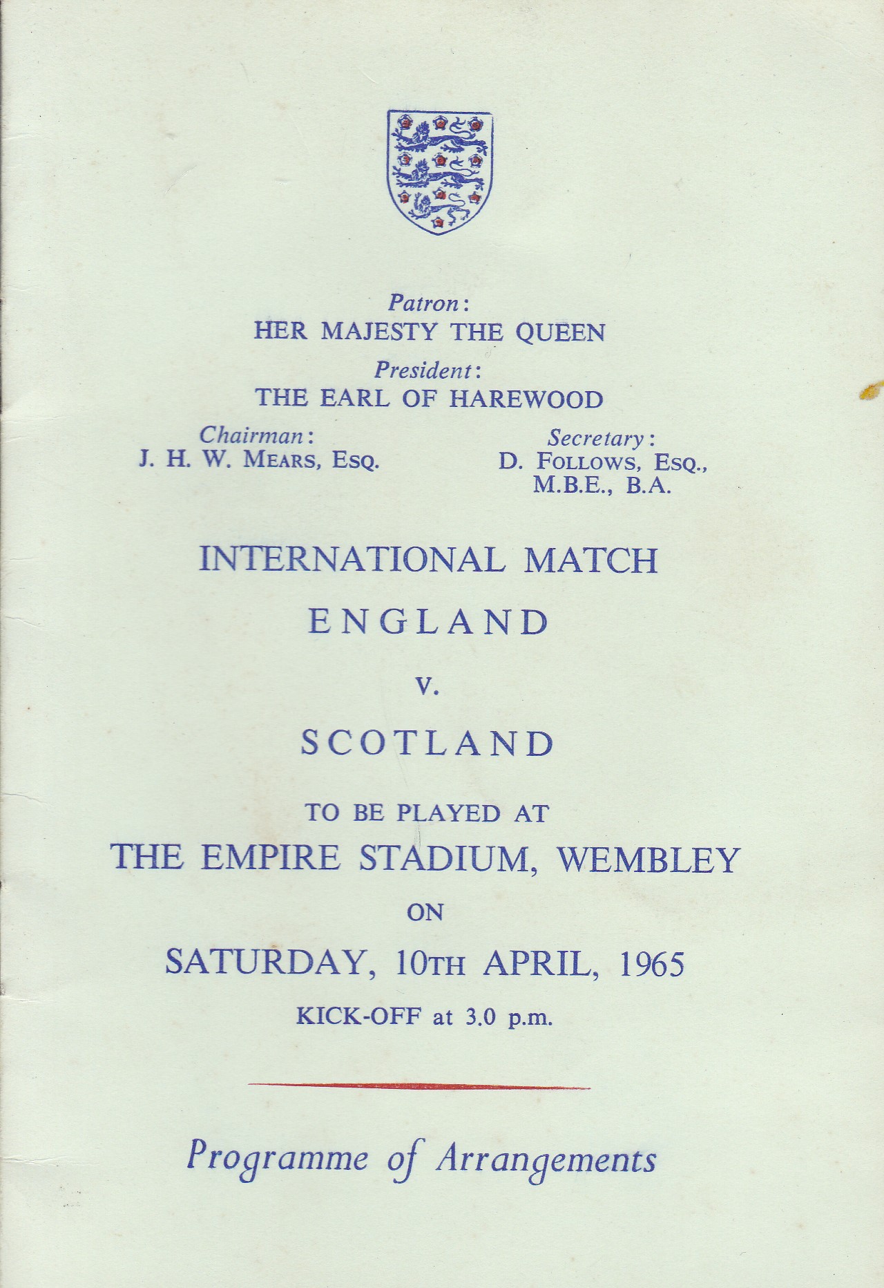 ENGLAND 1965 Official programme of arrangements/ itinerary for England v Scotland, 10/4/65 , - Image 2 of 3