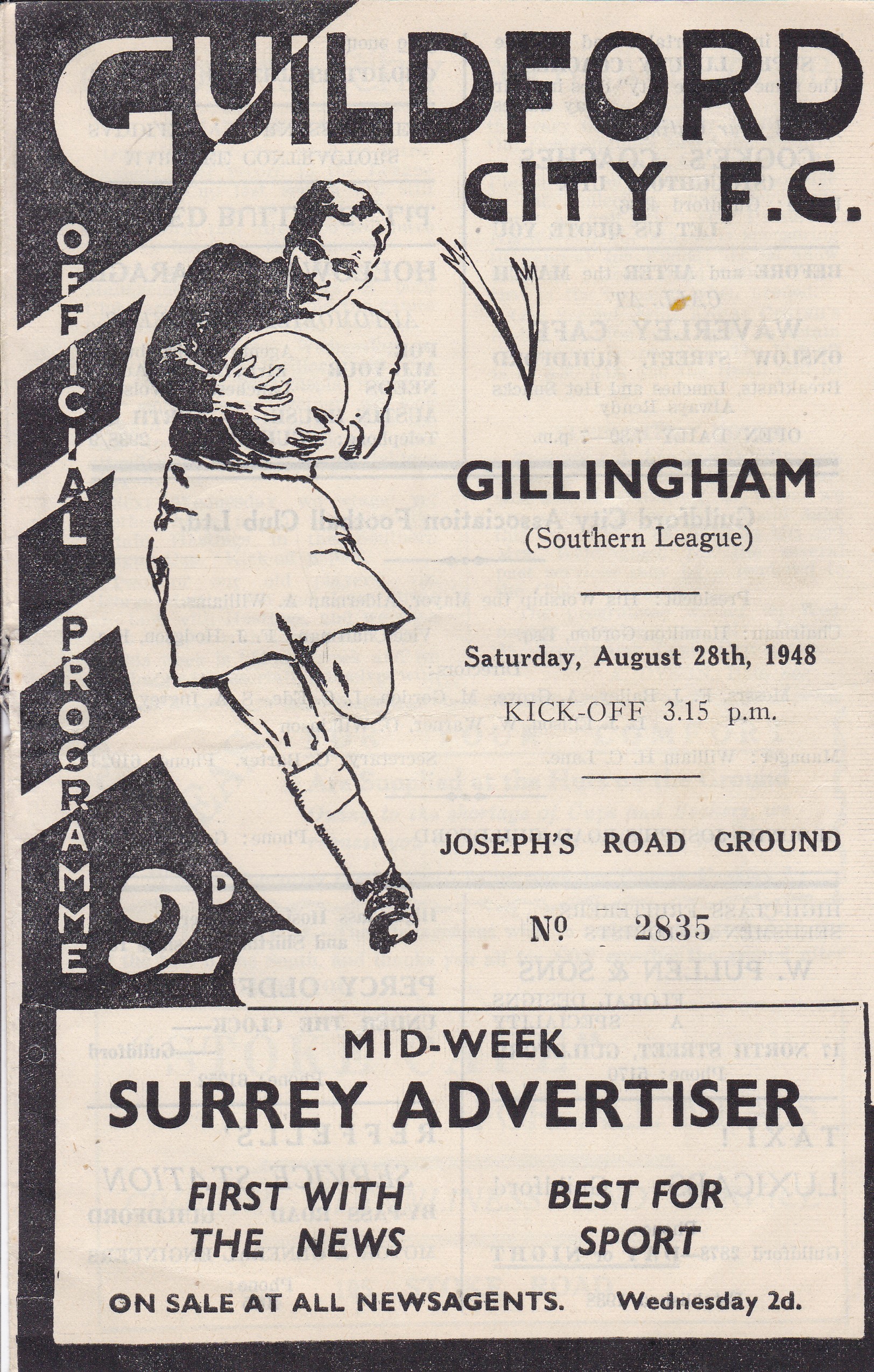 GUILDFORD - GILLINGHAM 48 Guildford City home programme v Gillingham, 28/8/48, slight creasing. - Image 3 of 3