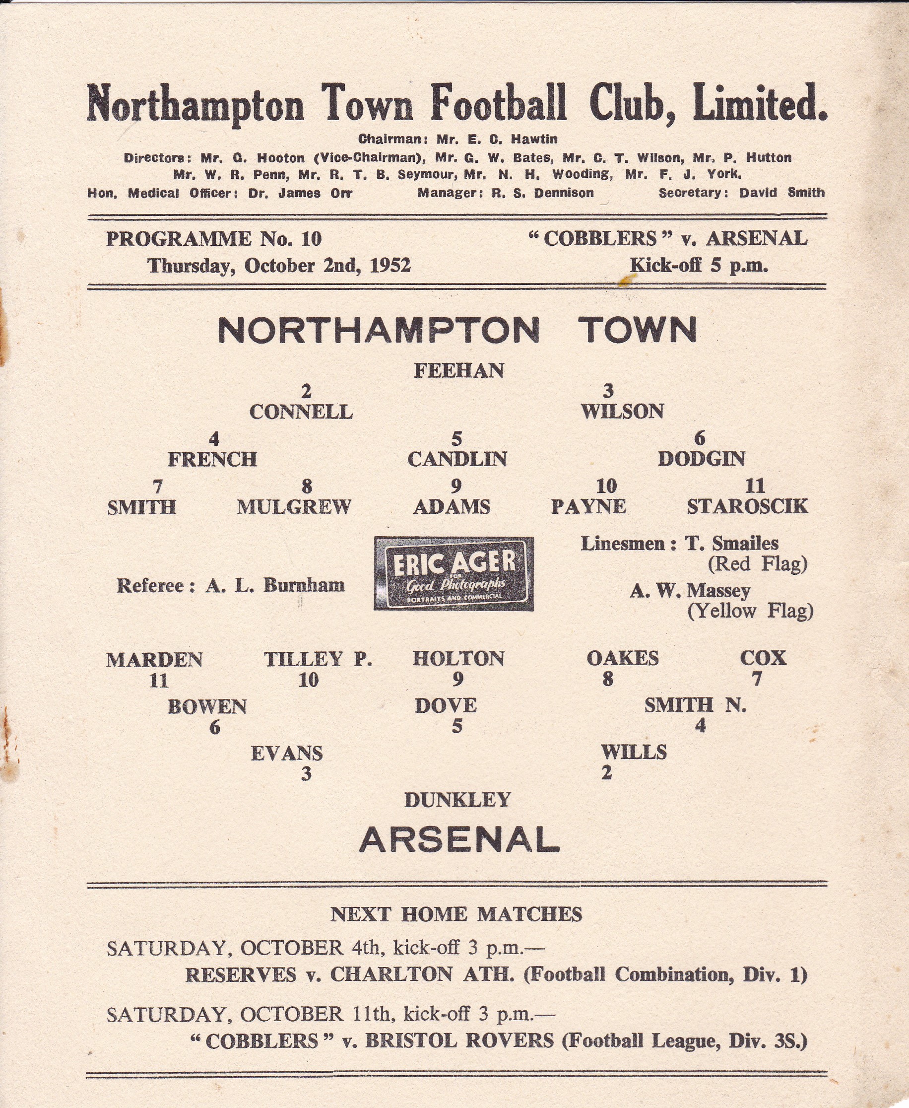 NORTHAMPTON - ARSENAL 52 Single sheet Northampton Reserves home programme for a game played on