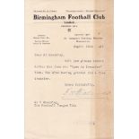 BIRMINGHAM FC Letter, dated 18/9/1919, to the Secretary of the Football League from Birmingham FC on