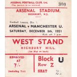 TICKET-ARSENAL v MAN UTD 1951 Match ticket, Arsenal v Manchester United, 8/12/51, West Stand