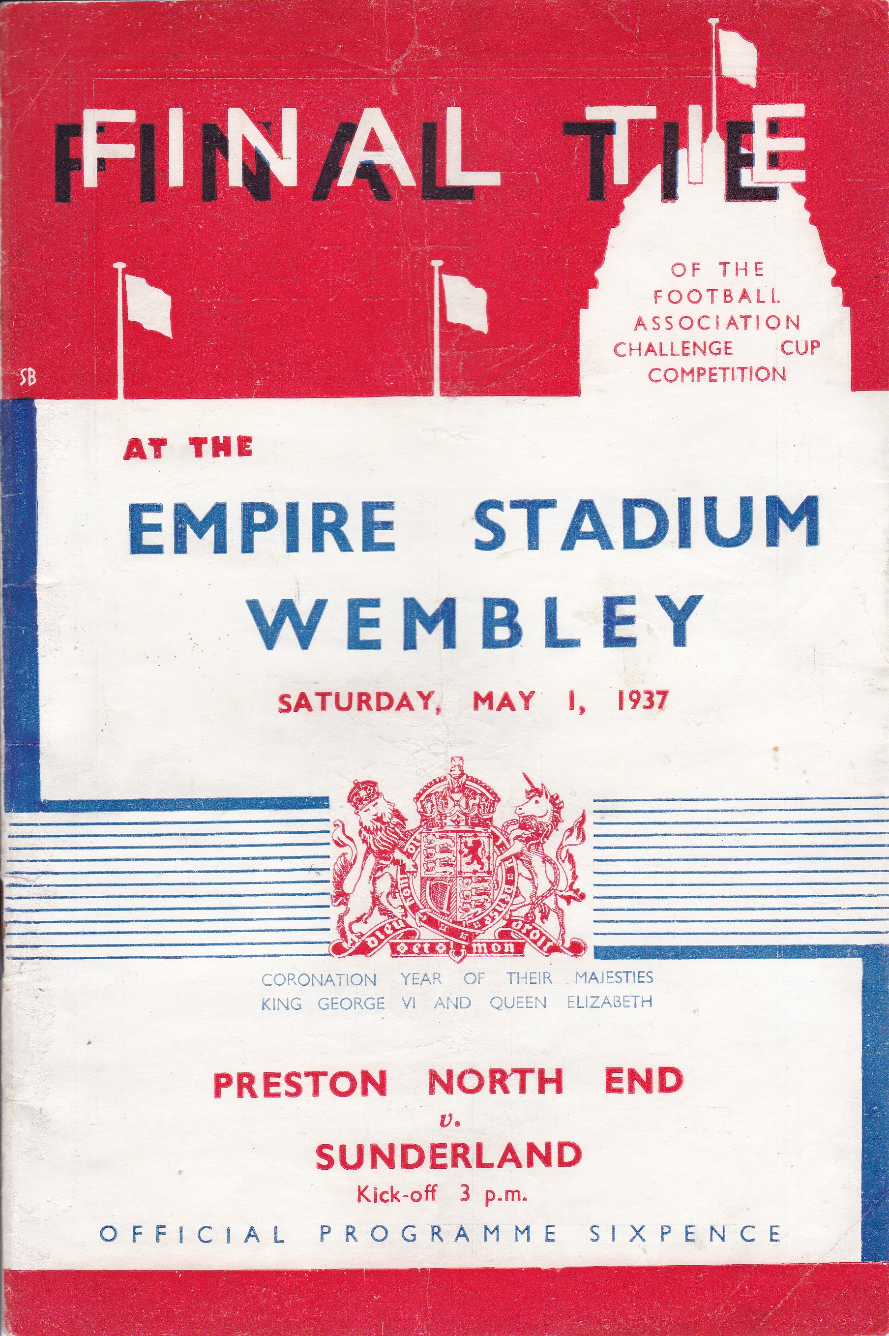 1937 FA CUP FINAL Official programme, Preston v Sunderland, 1/5/1937 at Wembley. Slight fold, a