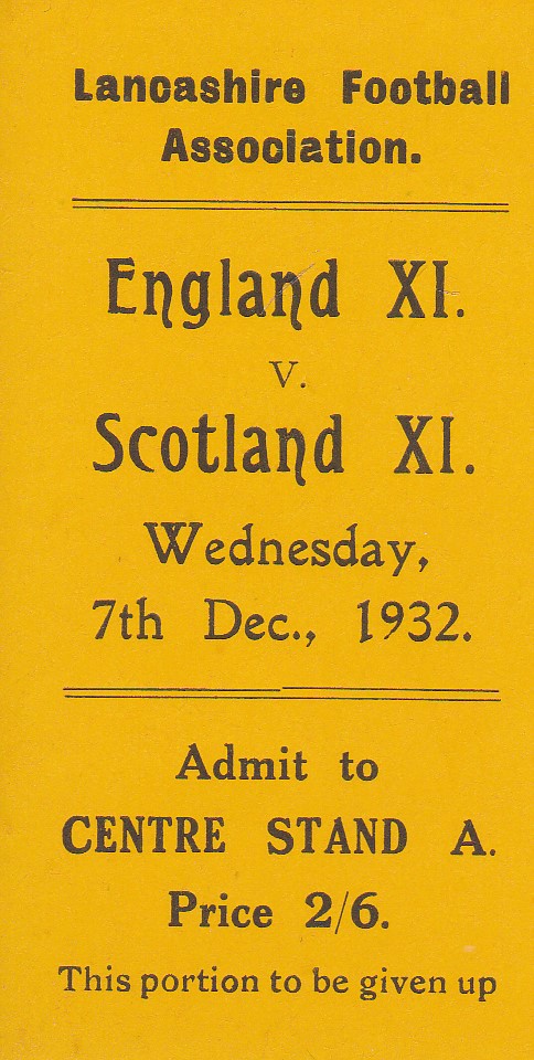 ENGLAND - SCOTLAND TICKET 1932 Small ticket, England XI v Scotland XI, played 7/12/1932 at Bolton,