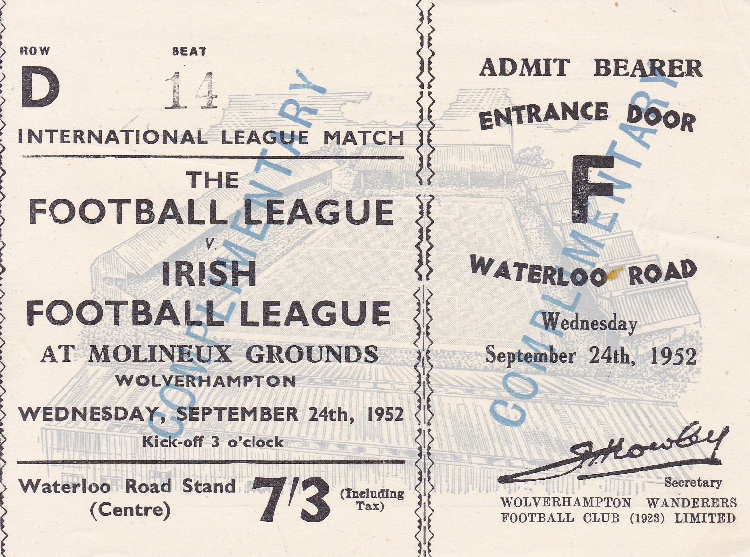TICKET-1952 - WOLVES Ticket complete with counterfoil, Football League v Irish League, 24/9/52 at