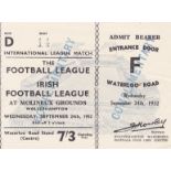 TICKET-1952 - WOLVES Ticket complete with counterfoil, Football League v Irish League, 24/9/52 at