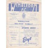 WIMBLEDON 1948 Four page programme for the home Surrey Senior Cup League match v. Dulwich Hamlet