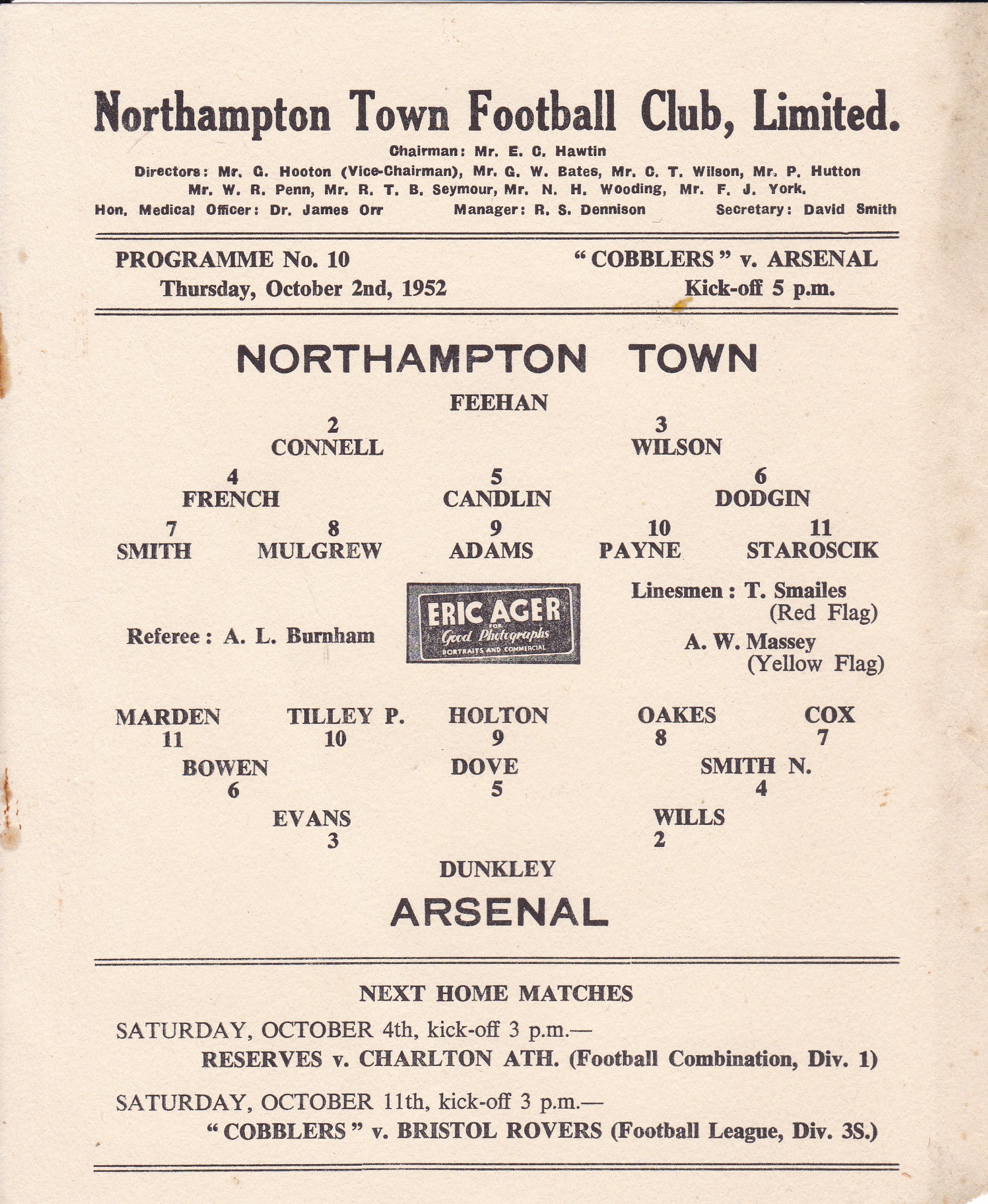 NORTHAMPTON - ARSENAL 52 Single sheet Northampton Reserves home programme for a game played on - Image 2 of 3