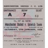 TICKET- MANCHESTER UTD-IPSWICH 58 Manchester United match ticket, home v Ipswich Town, 25/1/58, FA