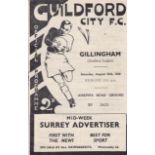 GUILDFORD - GILLINGHAM 48 Guildford City home programme v Gillingham, 28/8/48, slight creasing.