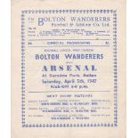 ARSENAL Programme for the away League match v. Bolton Wanderers 5/4/1947. Good