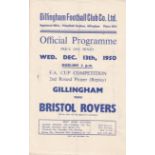 GILLINGHAM - BRISTOL ROVERS 50 CUP Single sheet Gillingham home programme v Bristol Rovers, 13/12/