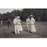 TENNIS A Belgium postcard with a colour scene showing a mixed doubles match about to take place in