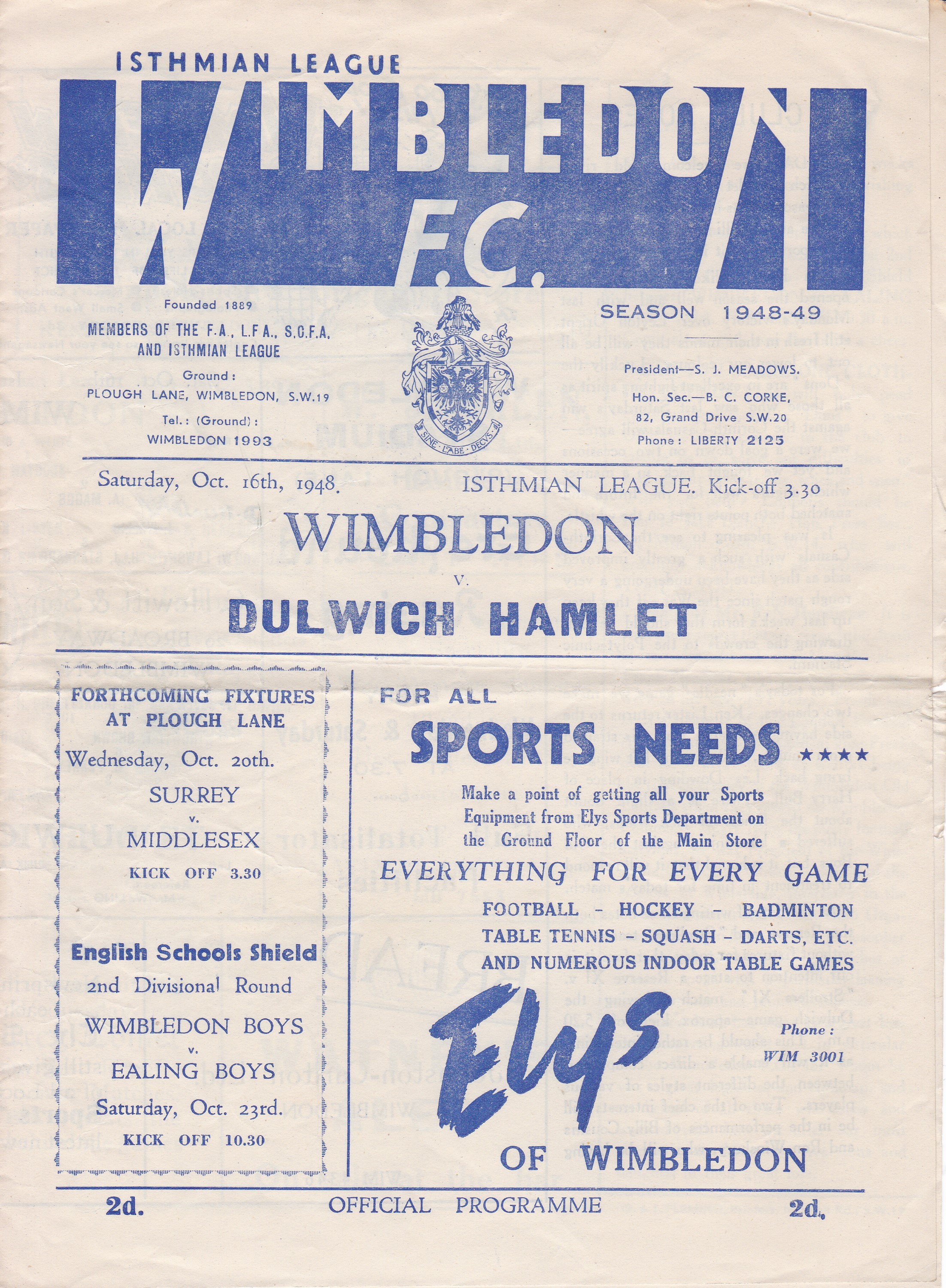 WIMBLEDON 1948 Four page programme for the home Isthmian League match v. Dulwich Hamlet 16/10/