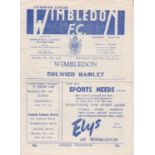 WIMBLEDON 1948 Four page programme for the home Isthmian League match v. Dulwich Hamlet 16/10/