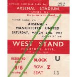 TICKET ARSENAL-MAN UTD 1954 Match ticket Arsenal v Man Utd, 27/3/54, Reserved seat, West Stand.