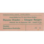 DYNAMO DRESDEN - RANGERS TICKET 1967 Dynamo Dresden match ticket v Glasgow Rangers, 20/9/67, Fairs