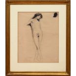 FRENCH SCHOOL: NUDE MALE WITH CROSSED LEGS Chalk on beige paper, indistinctly inscribed at center
