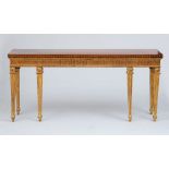 GEORGE III STYLE INLAID MAHOGANY AND GILTWOOD CONSOLE The rectangular top above a leaf-tip border