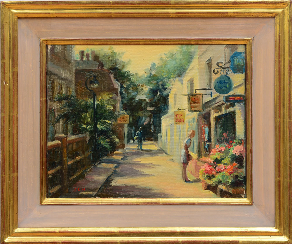 SUZANNE C. HARRIS: THE NARROW STREET Oil on canvas, signed with initials 'SCH' lower left, inscribed