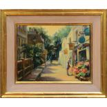 SUZANNE C. HARRIS: THE NARROW STREET Oil on canvas, signed with initials 'SCH' lower left, inscribed