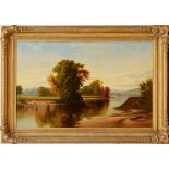 AMERICAN SCHOOL: RIVER LANDSCAPE WITH COWS Oi on canvas, unsigned. 24 x 44 in., 37 1/2 x 57 1/2