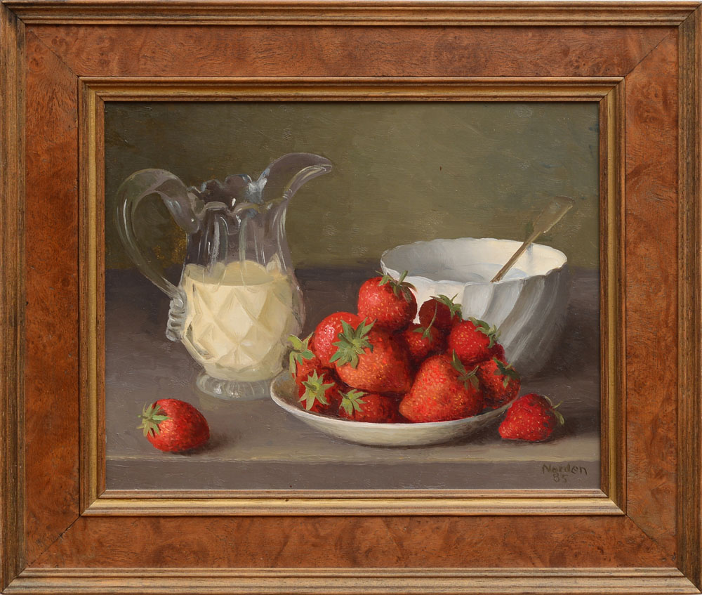 GERALD NORDEN (1912-2000): STILL LIFE WITH BLUE COFFEE POT; AND STRAWBERRIES AND CREAM Two oil on - Image 2 of 5