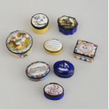 GROUP OF EIGHT SOUTH STAFFORDSHIRE ENAMEL BOXES Including a souvenir box 'Portland Place Bath' (with