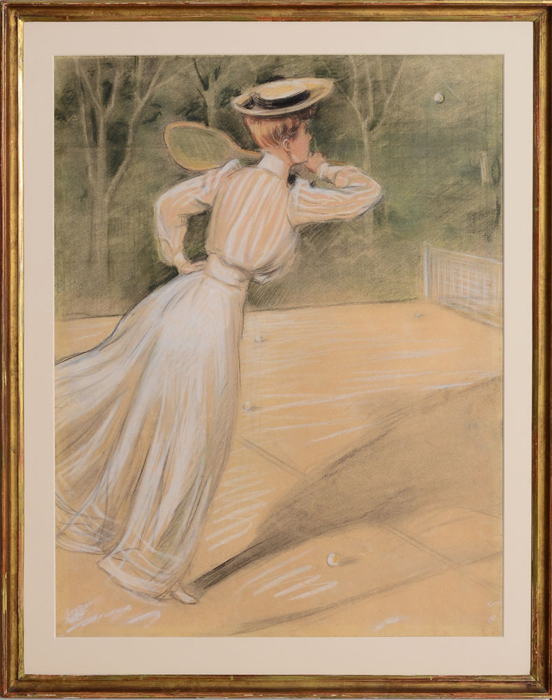 FRENCH SCHOOL: WOMAN WITH A RAQUET Pastel and charcoal on paper, unsigned. 25 x 19 in. (image), 30 x