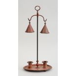 FRENCH DUSTY ROSE-GROUND TÔLE PEINT TWO-LIGHT BOULLIOTTE LAMP The oval tray with two cylindrical