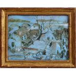 MAXWELL EVANS: SNOWY STREET SCENE Oil on metal, signed 'Maxwell Evans' lower left. 9 1/2 x 12 in.