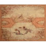 AUBUSSON PIERCED TAPESTRY FRAGMENT Incorporating two stitched panels of paired birds on stone wall