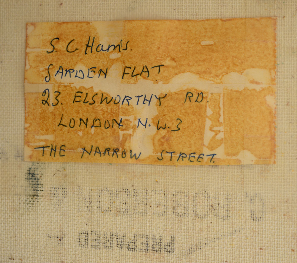 SUZANNE C. HARRIS: THE NARROW STREET Oil on canvas, signed with initials 'SCH' lower left, inscribed - Image 3 of 3