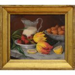 AMERICAN SCHOOL: STILL LIFE WITH STRAWBERRIES, NUTS AND PARROT TULIPS Pastel on paper, unsigned,