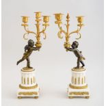 PAIR OF LOUIS XVI STYLE GILT-BRONZE, PATINATED-BRONZE AND MARBLE FIGURAL CANDELABRA 17 1/2 x 4 1/2 x