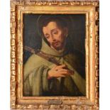 SPANISH SCHOOL: ST. FRANCIS Oil on panel, unsigned. 13 1/4 x 10 1/4 in., 17 1/4 x 14 1/4 in. (