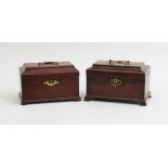 TWO SIMILAR GEORGE III MAHOGANY TEA CADDIES Each flat domed top with brass handle, opening to